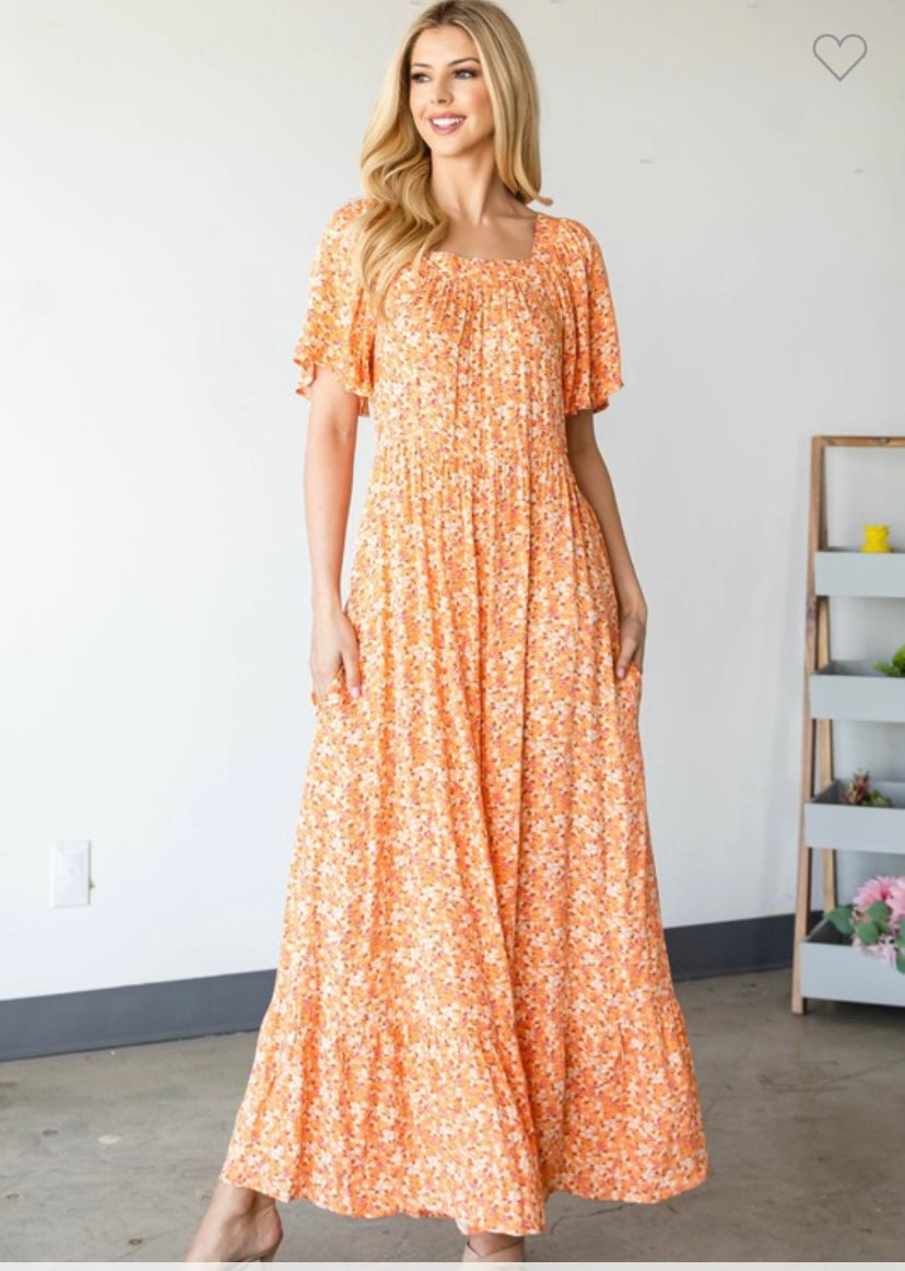 Floral Square Neckline Maxi Dress - Orange