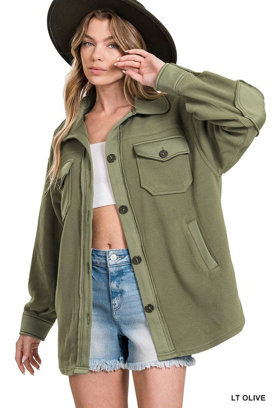 Basic Fleece Shacket in Olive