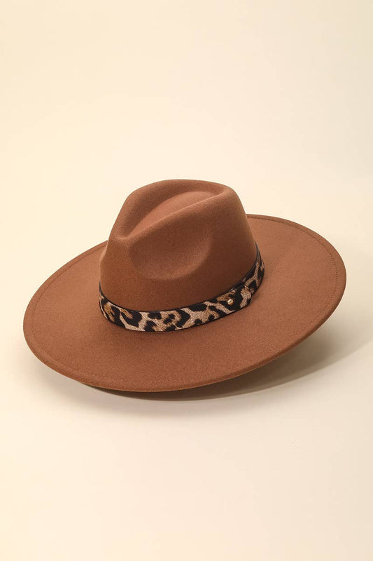 Leopard Strap Flat Brim Fedora Hat - Brown