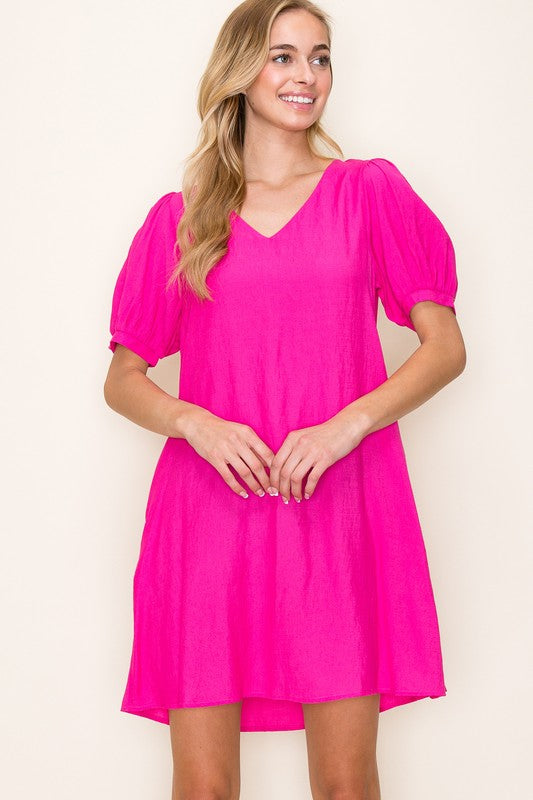 Hot Pink Puff Sleeve Dress with Pockets