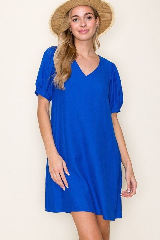 Royal Blue Puff Sleeve Dress with Pockets