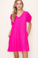 Hot Pink Puff Sleeve Dress with Pockets