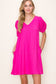 Hot Pink Puff Sleeve Dress with Pockets