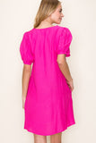 Hot Pink Puff Sleeve Dress with Pockets