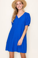 Royal Blue Puff Sleeve Dress with Pockets