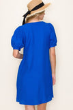 Royal Blue Puff Sleeve Dress with Pockets