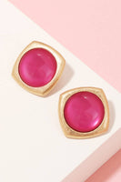 Square Link Round Resin Stud Earrings Hot Pink