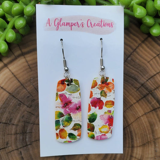 Pink & Orange Floral Mini Bar Leather Earrings
