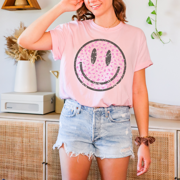 Smiley Face Pink Leopard Graphic Tee