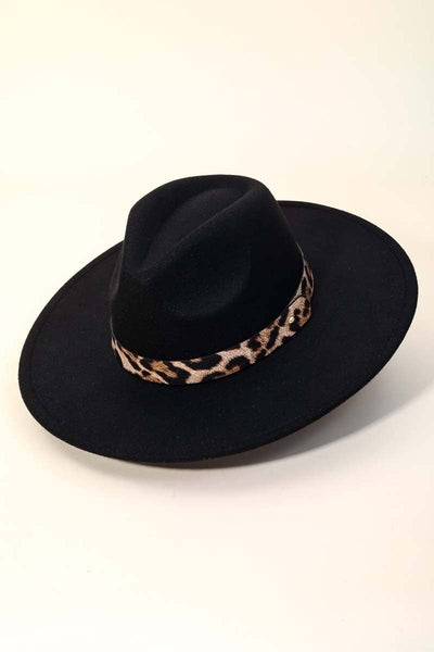Leopard Strap Flat Brim Fedora Hat Black