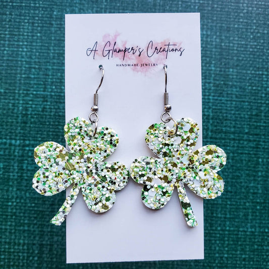 Green, White, Gold Glitter Mix Shamrock Leather Earrings