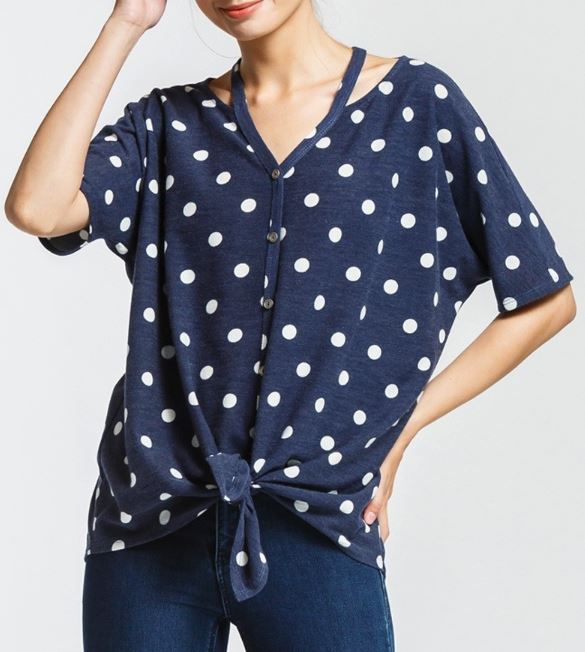 Navy Polka Dot Open Shoulder w/ Button Down Tie Top