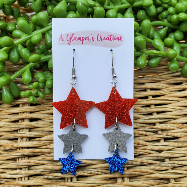 Patriotic Star Dangle Acrylic Earrings - Red, Silver, Blue