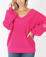 Hot Pink V Neck Knitted Sweater