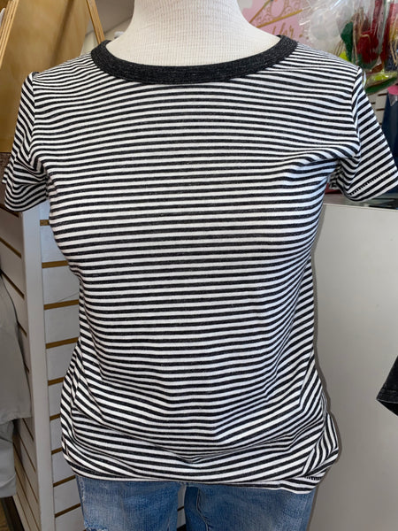 Gray and White Striped Short Sleeve Tee