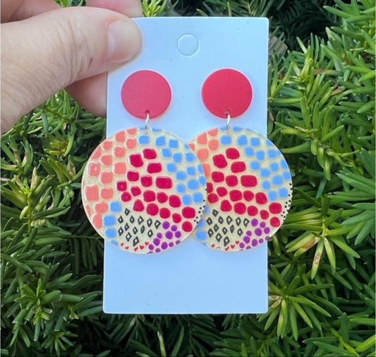 Round dangle earrings - red/yellow dot