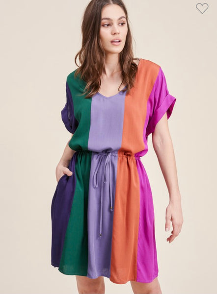 V-Neck Short Sleeve Draw String Multi Colored Dress