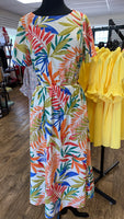 Cutout waist butterfly sleeve dress - tropical print