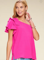Fuchsia One-Shoulder Short Bow Sleeve Woven Top