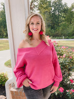 Hot Pink V Neck Knitted Sweater