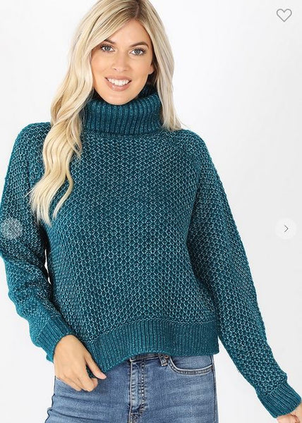 Dusty Teal Cropped Knitted Sweater w/Turtle Neck